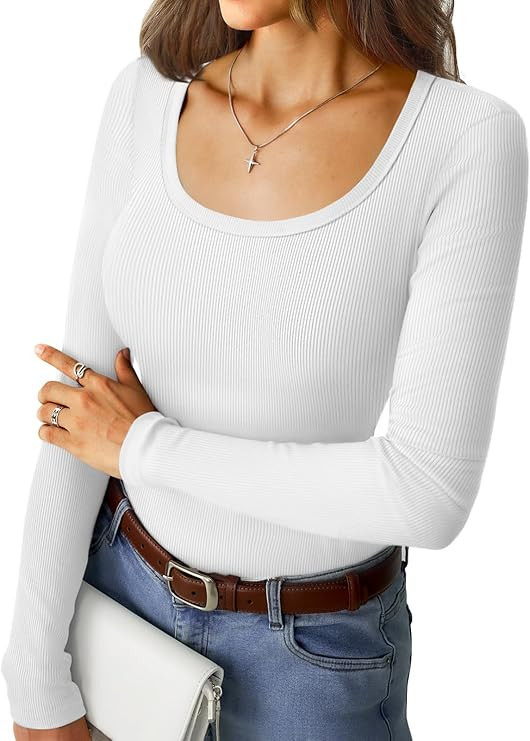 Women's Long Sleeve Tops Casual Scoop Neck Ribbed Knit Slim Fitted Basic Tee Shirts 2025 Fall Tre... | Amazon (US)
