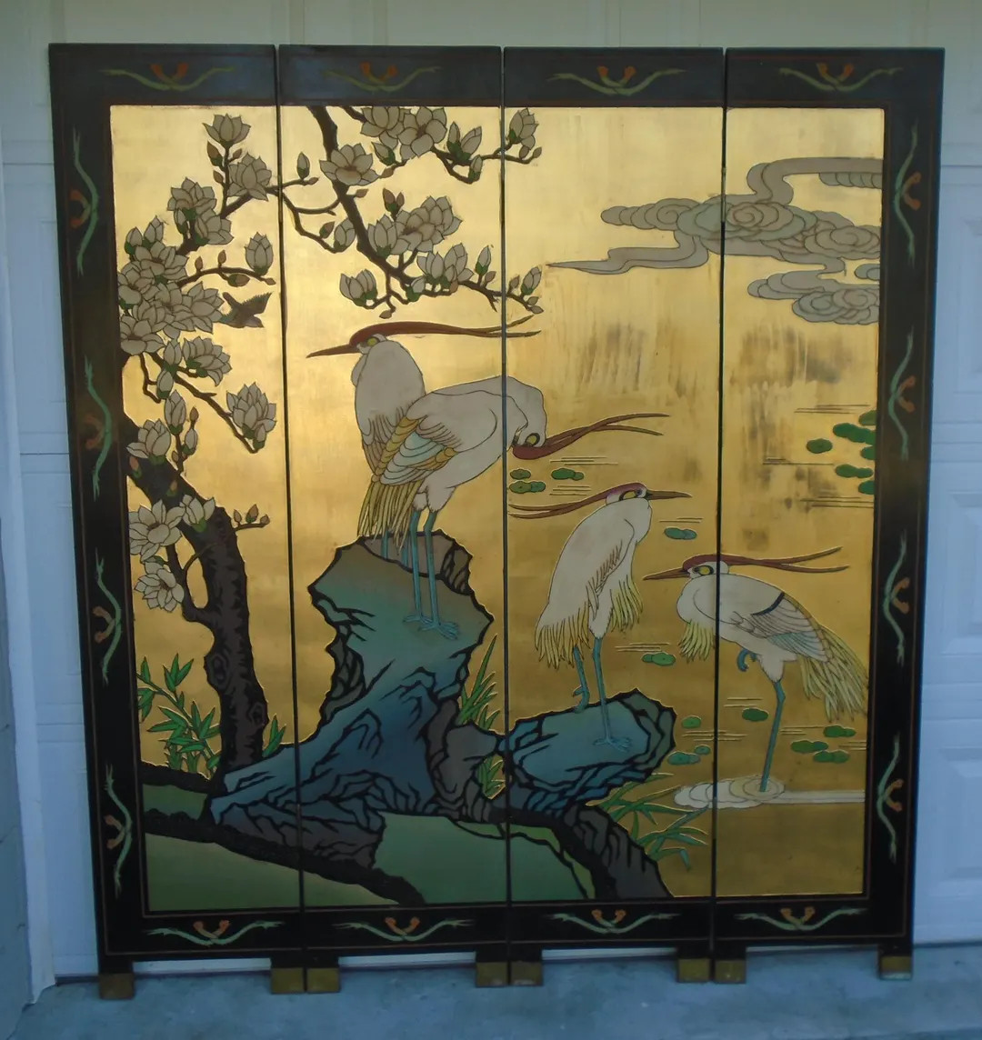 Gold Asian Screen Room Divider Birds + Lotus Japanese Chinoiserie Folding 4 Panel Partition Orien... | Etsy (US)
