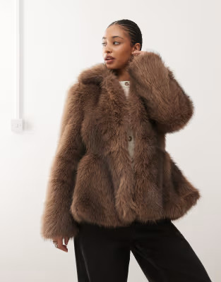 Monki faux fur jacket with peplum hem in chocolate brown | ASOS | ASOS (Global)