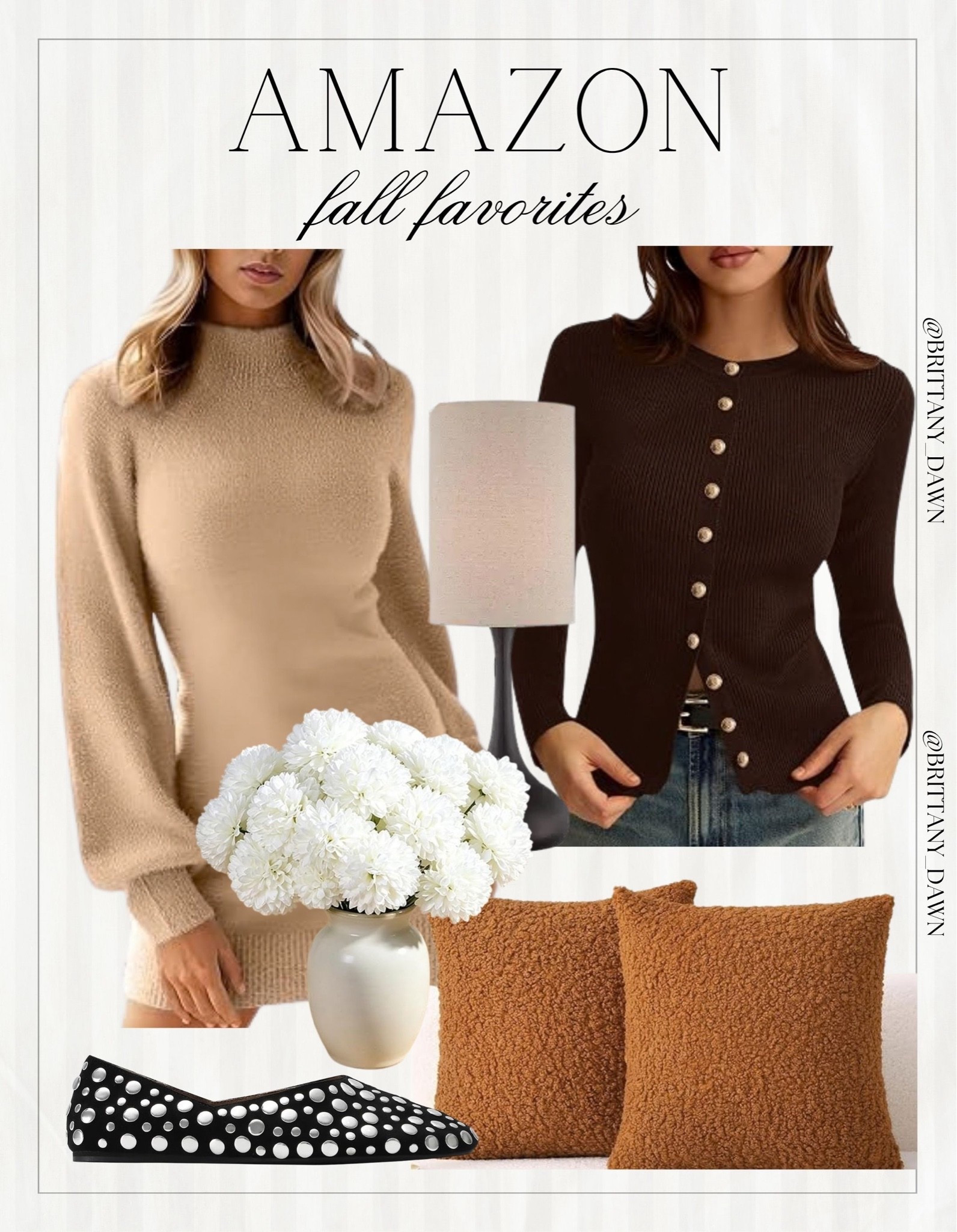Amazon fall staples! 🍂

I styled a beige mock-neck sweater mini dress alongside a dark brown button-front cardigan paired with studded black ballet flats.

I added textured brown throw pillows, a white vase with floral stems, and a modern table lamp for cozy home touches. ✨

#AmazonFashion #AmazonHome #FallFavorites #LTKfall #AutumnVibes #CozyStyle #OOTD #DecorInspo

#LTKootd #LTKHome #LTKSeasonal