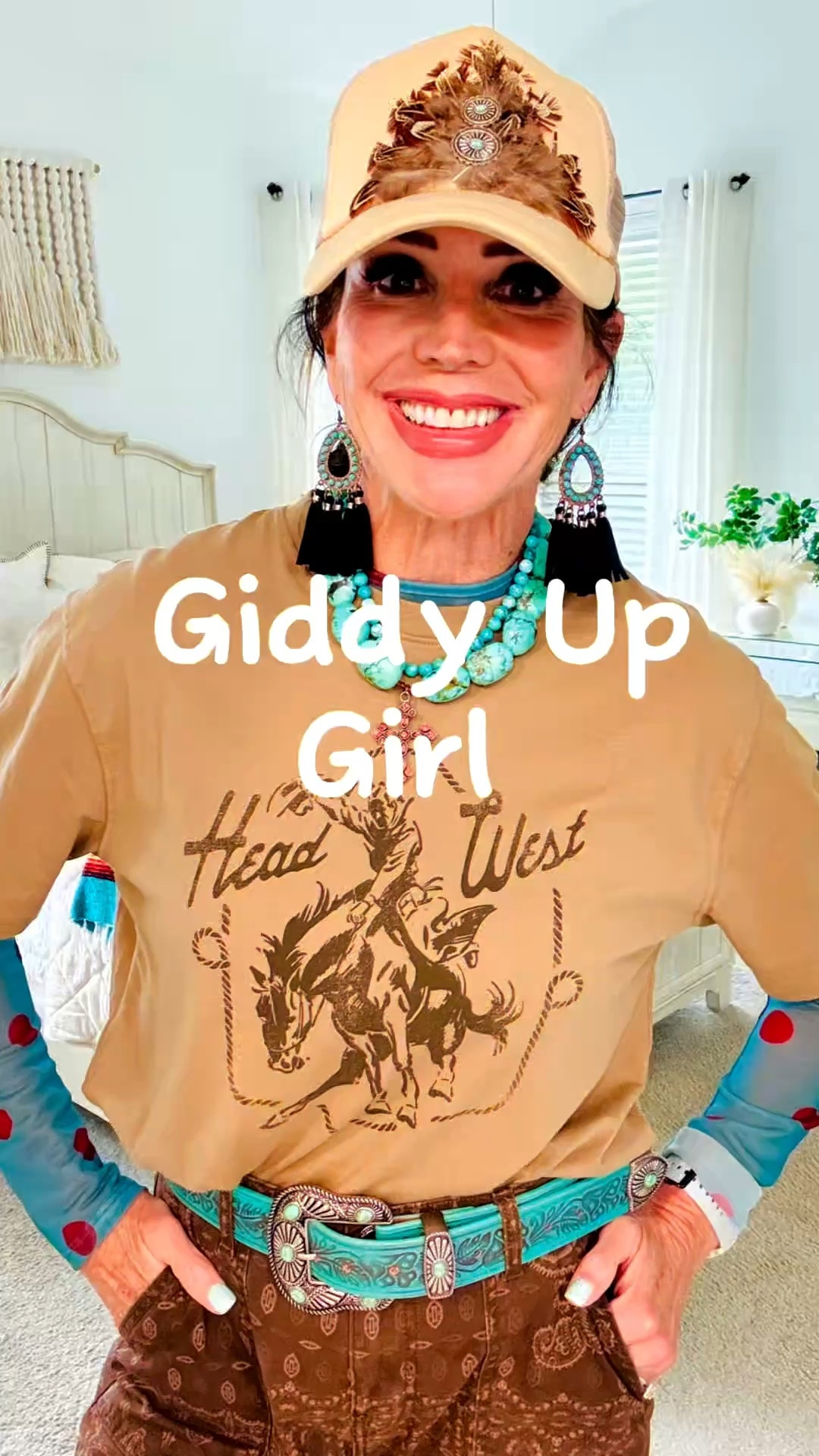 Getting dressed is one of my favorite little daily joys. A little turquoise, a little western, and suddenly the whole day feels more fun. 🤎✨ Giddy up girl! #over50style #westernstyle #colorfulstyle #diyfashion #bandanapants 

#LTKootd #LTKOver40 #LTKActive