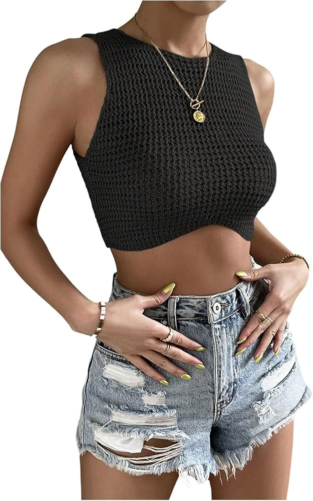 GORGLITTER Women's Crochet Crop Tank Top Hollow Out Sleeveless Fashion Trendy Knit Copped Vest To... | Amazon (US)