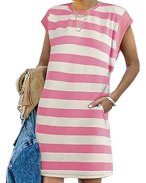 AlvaQ Womens Striped Summer Dresses 2024 Crewneck Cap Sleeve Color Block Casual A Line Tshirt Dre... | Amazon (US)