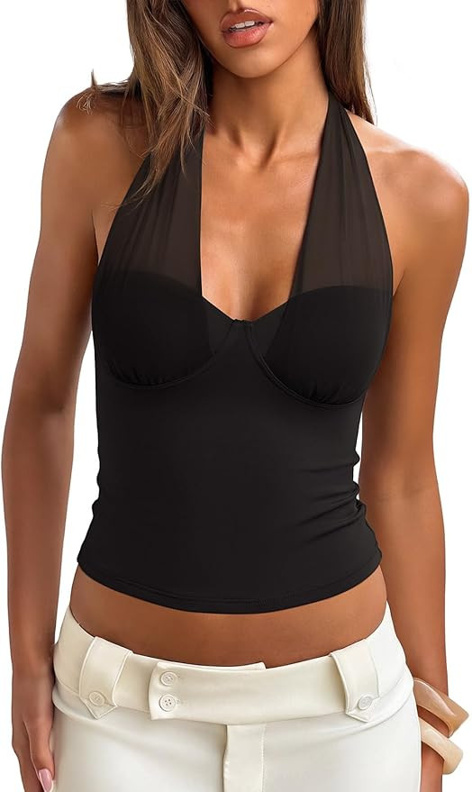 REORIA Butsmooth® Women's Sexy Tank Top Mesh Halter Double Lined Going Out Crop Tops Deep V Neck... | Amazon (US)