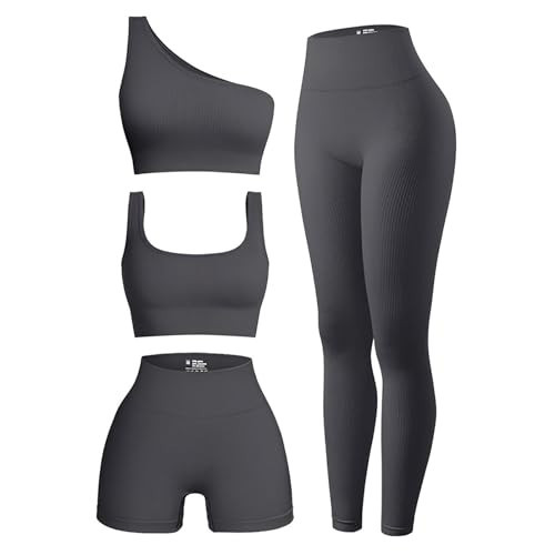 OIERD 4 Piece Workout Sets For Women Ribbed Leggings Clothes Yoga Sets Active Wear Cute Matching Work Out Sets Gym Pilates Outfits For Women Set Grey,M | Amazon (US)