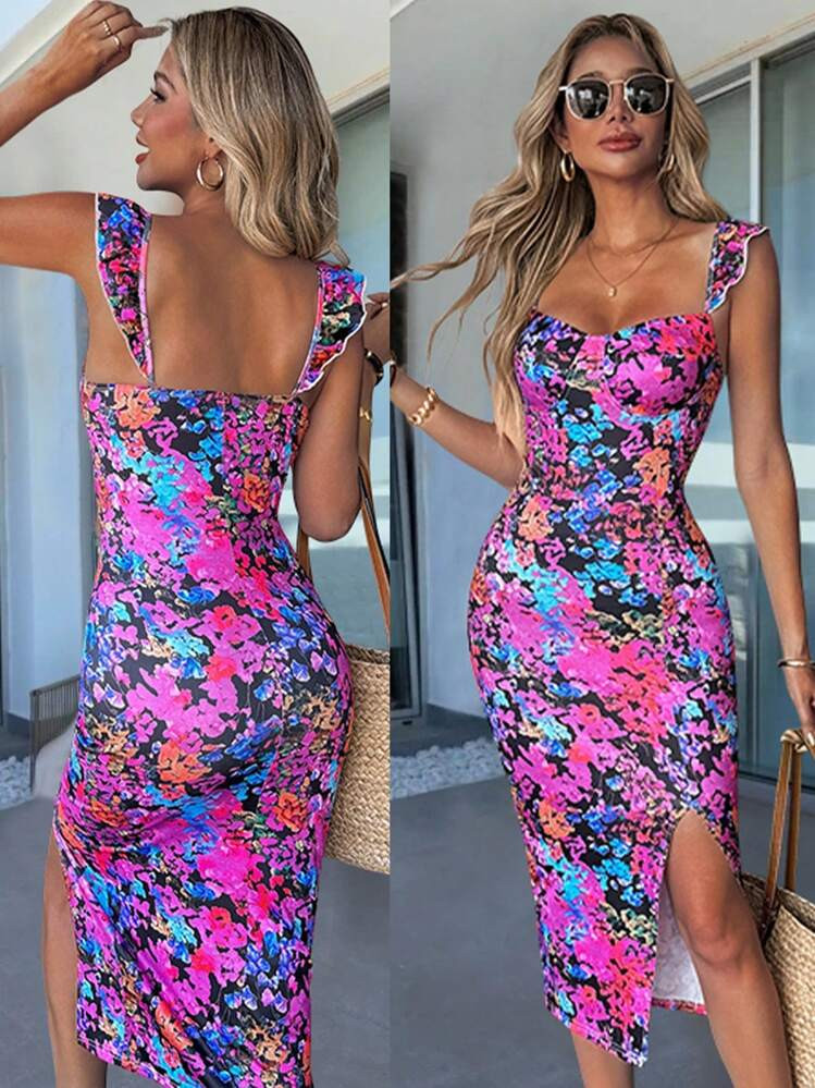 Selianne Women's Colorful Print Split Cap Sleeve Midi Dress | SHEIN