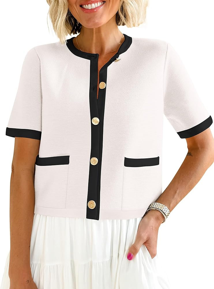 ANRABESS Women's Short Sleeve Cardigan Sweaters Summer Casual Crew Neck Knit Striped Button Down ... | Amazon (US)