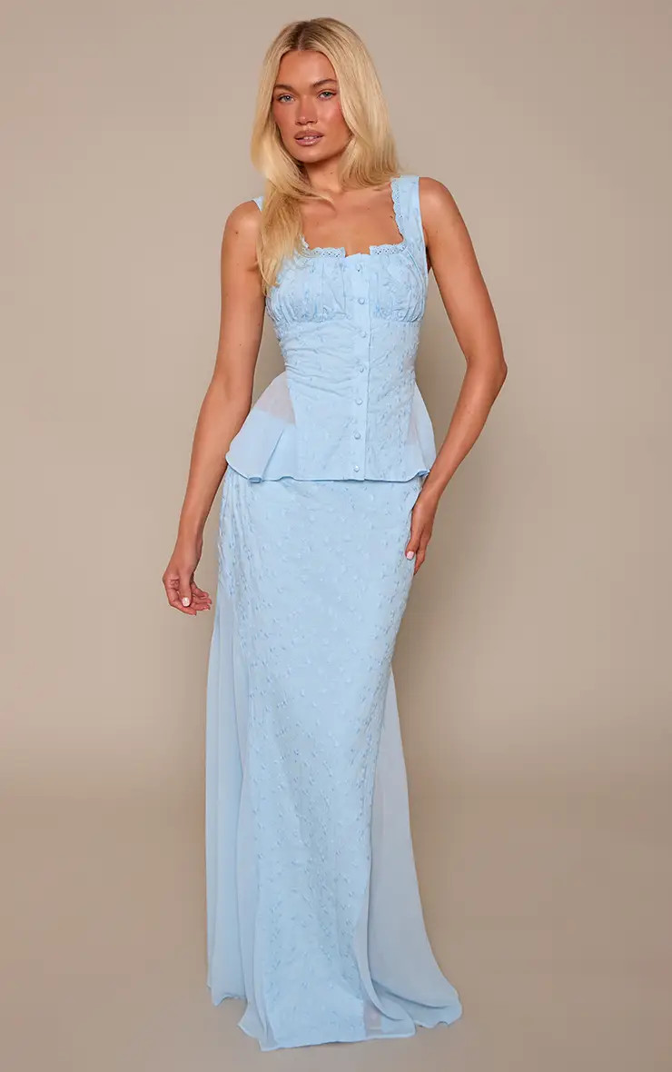 Blue Embroidery Chiffon Godet Maxi Skirt Co-ord | PrettyLittleThing UK