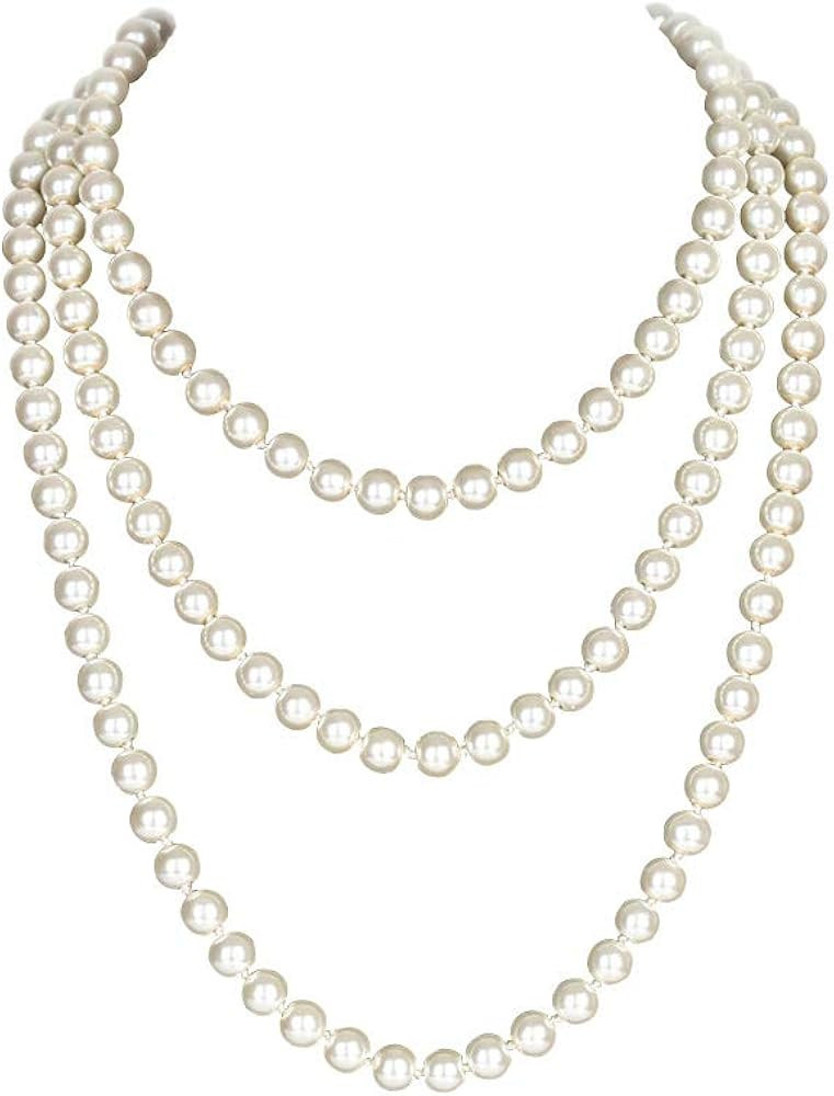 Yuccer Long Pearl Necklace, 1920s Fashion Faux Flapper Pearls Necklace String of Pearls Beads Nec... | Amazon (UK)