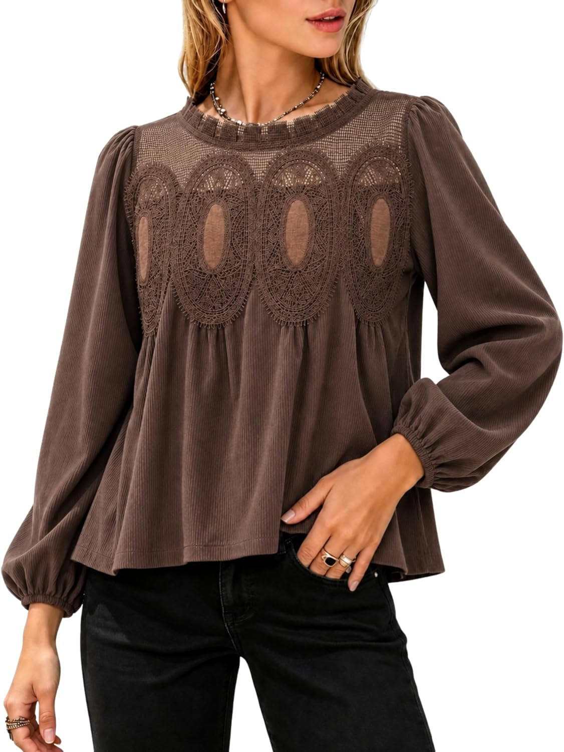 Women's Cord Mesh Lace Neck Long Sleeve Babydoll Blouse Flowy Top | Amazon (US)