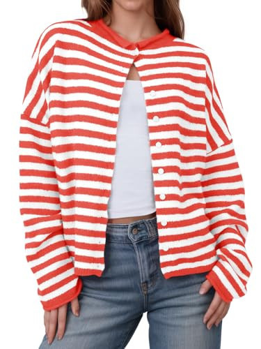 Saodimallsu Womens Striped Cardigan Casual Long Sleeve Open Front Button Down Loose Knit Lightweight Fall Sweaters Red | Amazon (US)