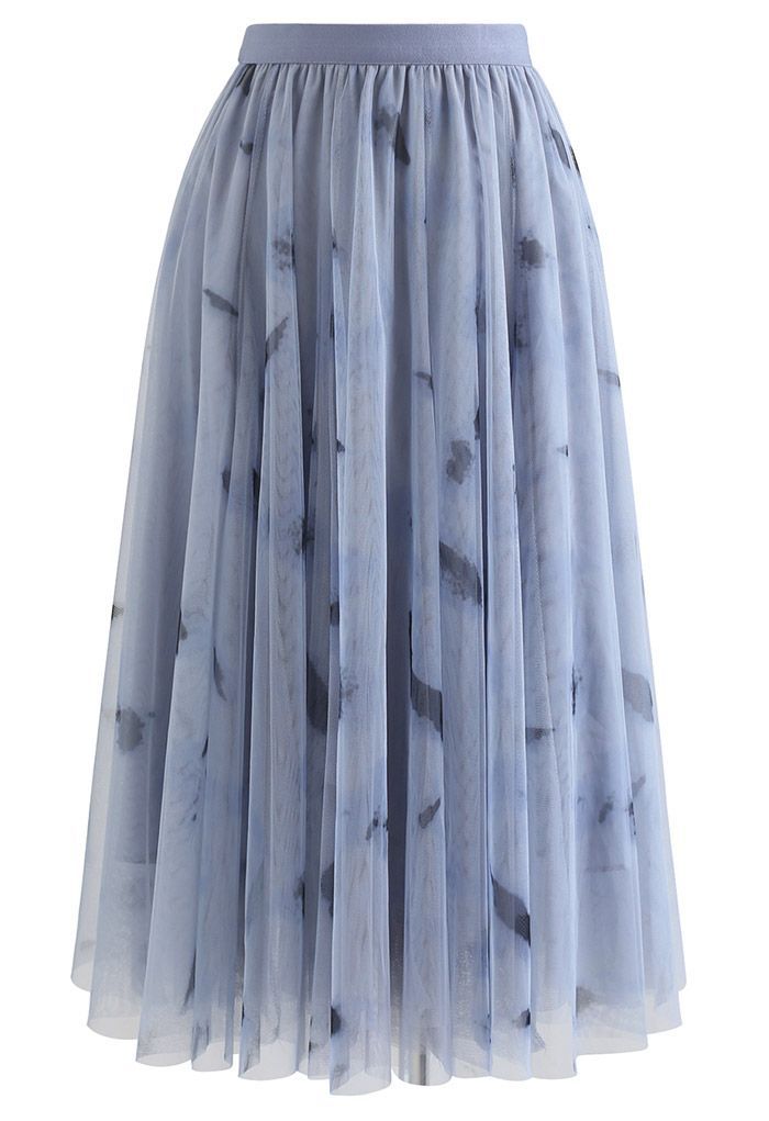 Splash-Ink Panelled Mesh Tulle Midi Skirt in Dusty Blue | Chicwish