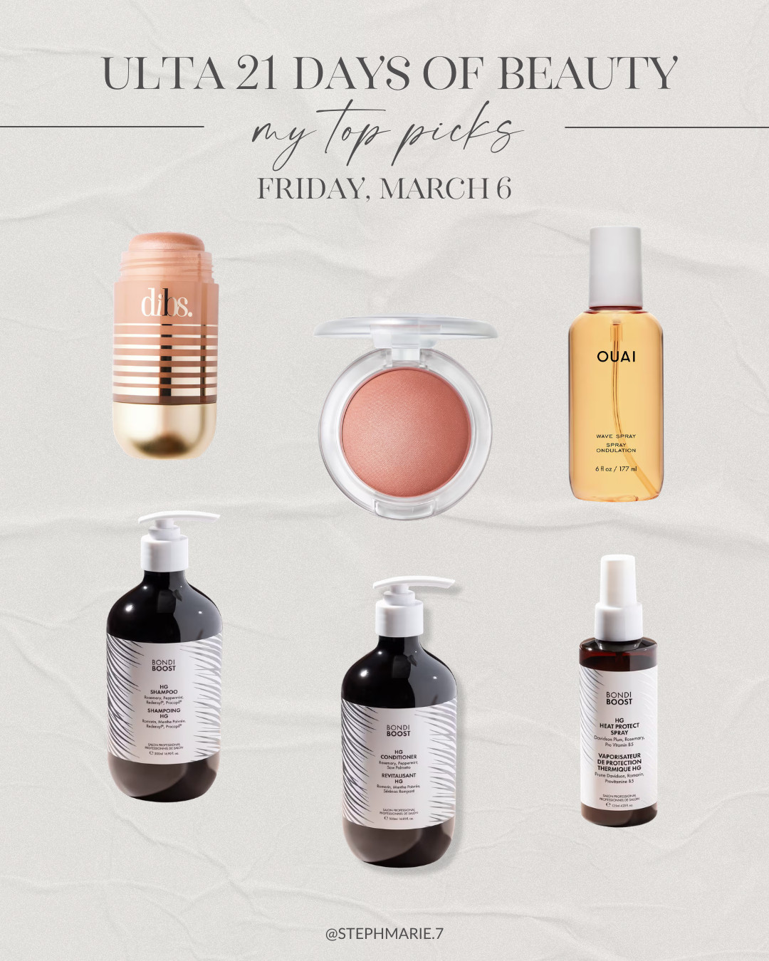 ULTA 21 DAYS OF BEAUTY ✨

Today’s top picks include the Dibs stratus stick (great for a body highlight!), a favorite blush, and amazing hair products from Ouai and Bondi Boost! 

 #LTKOver40 #LTKSaleAlert #LTKBeauty
