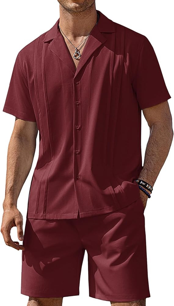 COOFANDY Mens 2 Piece Short Set Guayabera Button Down Shirt Casual Summer Beach Outfits | Amazon (US)