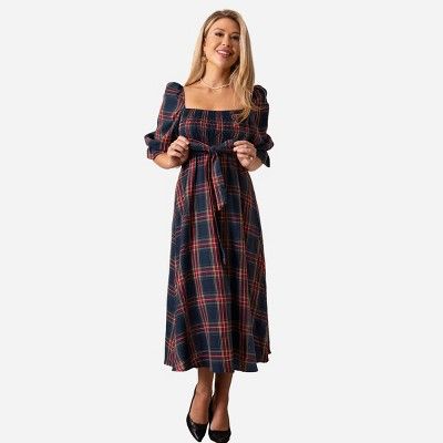 Women's Belted Plaid Square Neck Smocked Maxi Dress - Cupshe-L-Red | Target