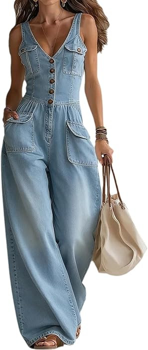 Denim Jumpsuit for Women Sexy Sleeveless V Neck Camisole Smocked Waist Wide Leg Jean Jumpsuit Lon... | Amazon (US)