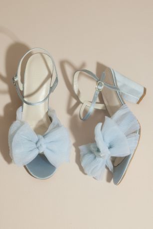 Pleated Chiffon Bow Mid-Heel Sandals | Davids Bridal