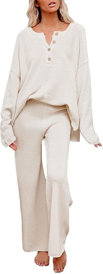 Women V-neck 2 Piece Tracksuit Knit Sweatsuit Long Sleeve Sweater Wide Leg Pants Loungewear | Amazon (US)