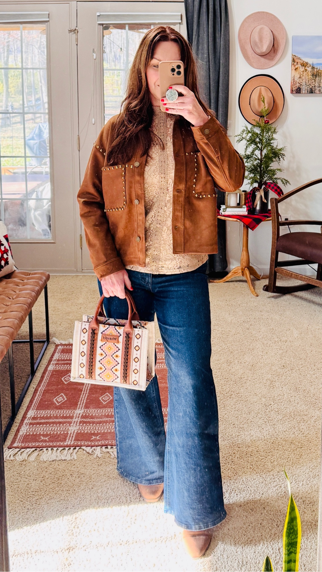 Sunday Church Outfit of the Day

Brown lace mock long sleeve - size large
Faux suede studded jacket - size medium 
Flared denim jeans - size 12 
Wrangler purse
Cowboy suede boots - TTS

#LTKdayinmylife #LTKootd #LTKMidsize