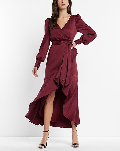 Textured Faux Wrap Ruffle Hi-lo Maxi Dress | Express