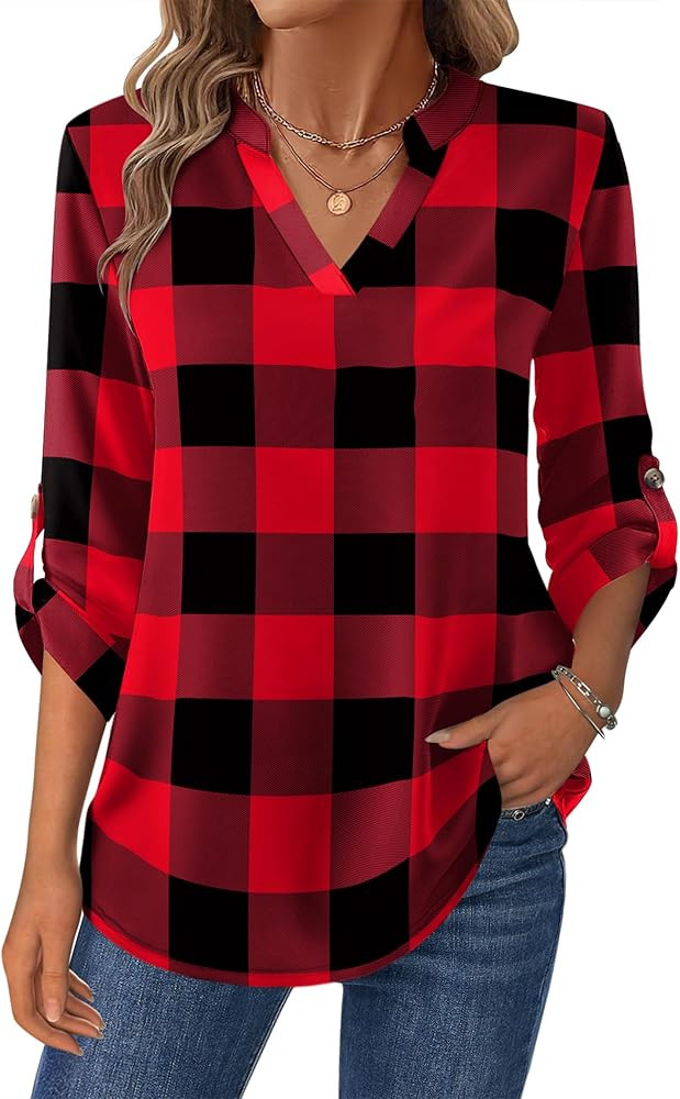 Zeagoo Womens Roll Up Long Sleeve Tops V Neck Shirts Dressy Casual Work Blouses S-2XL | Amazon (US)