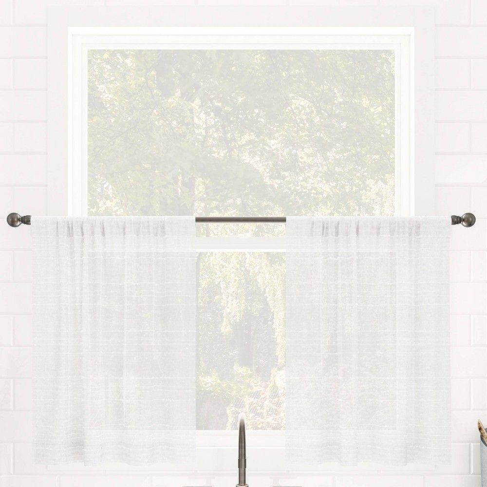 Set of 2 (24""x52"") Textured Slub Striped Anti-Dust Linen Blend Sheer Cafe Curtain Tiers White - Cl | Target