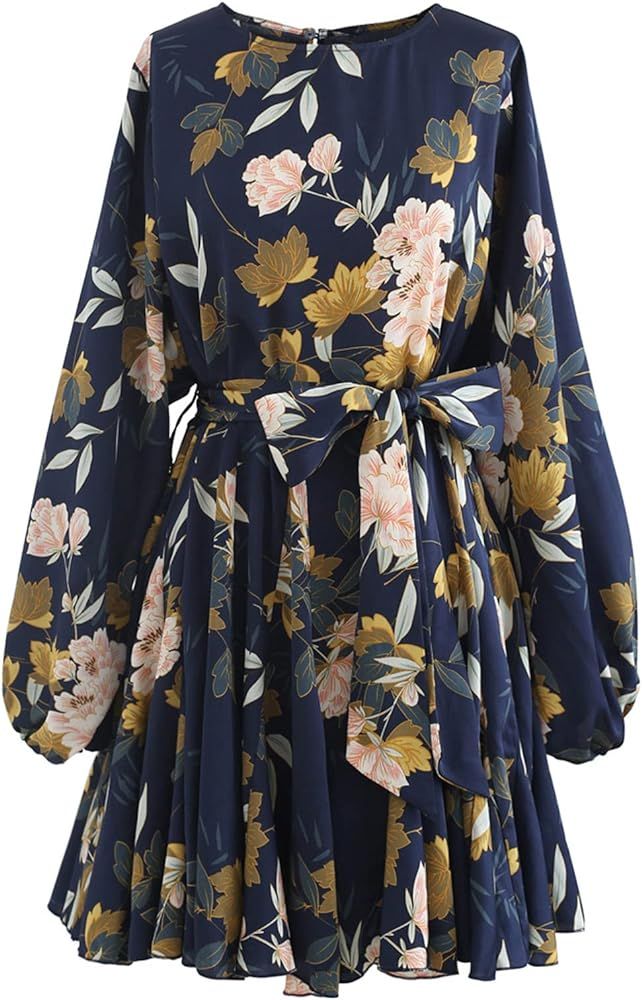 CHICWISH Women's Rose Painting/Navy Floral/Green Floret Bubble Sleeves Frilling Mini Dress | Amazon (US)