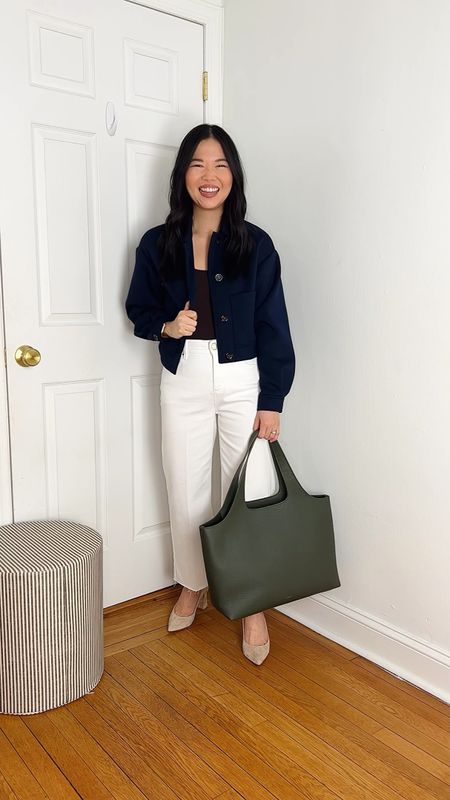 Cropped navy jacket (XSP)
Brown tank top  (XS/S)
Olive green tote bag  
Cuyana system tote
White jeans  (4P)
White wide leg jeans
beige suede pumps 
Business casual outfit 
Smart casual outfit 
Ann Taylor outfit 
Work outfit 
Spring outfit 
Neutral outfit 
Teacher outfit

#LTKfindsunder100 #LTKstyletip #LTKworkwear