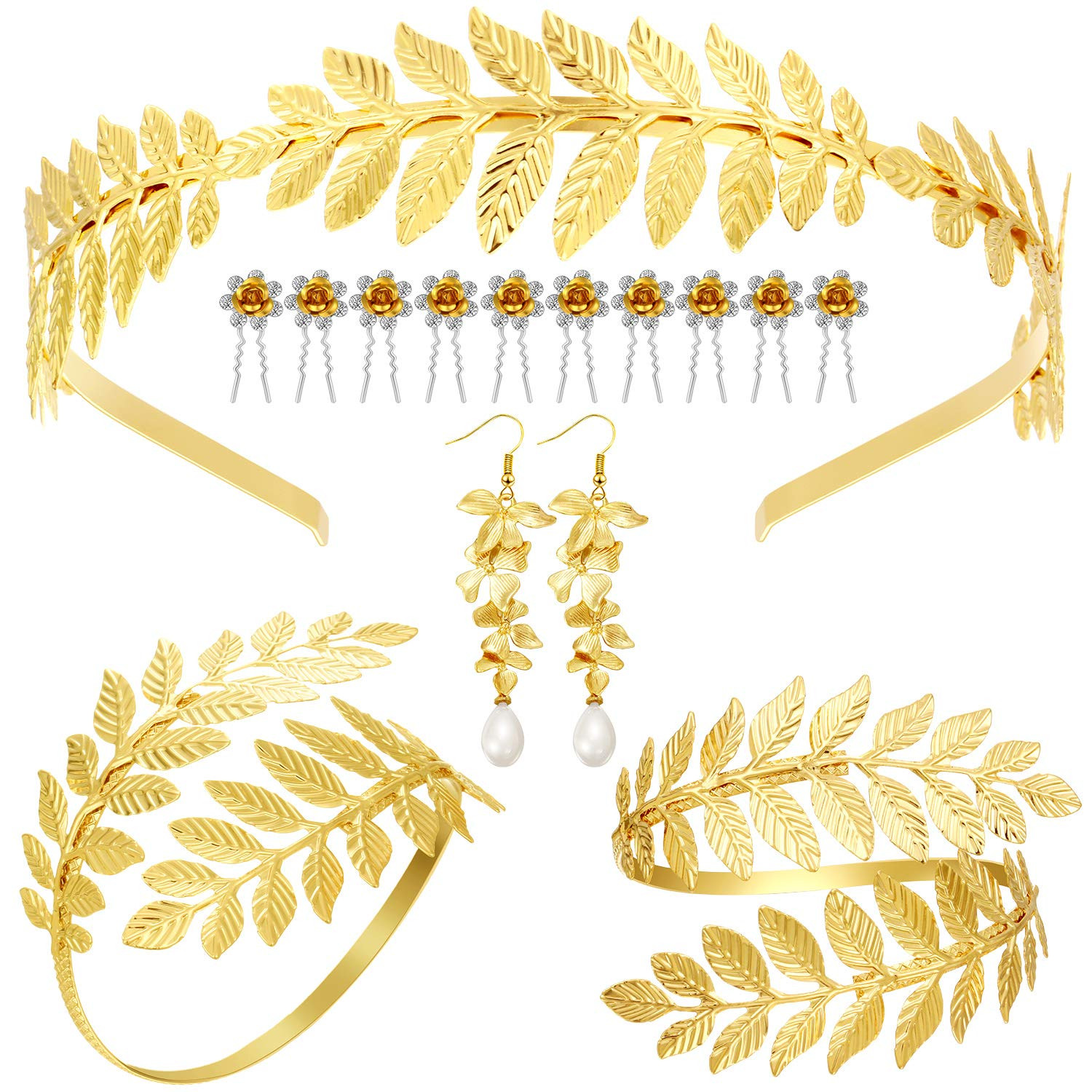 15 Pieces Greek Goddess Costume Bracelet, Golden Leaves Bridal Crown Headband, Pearl Earrings and Ha | Amazon (US)