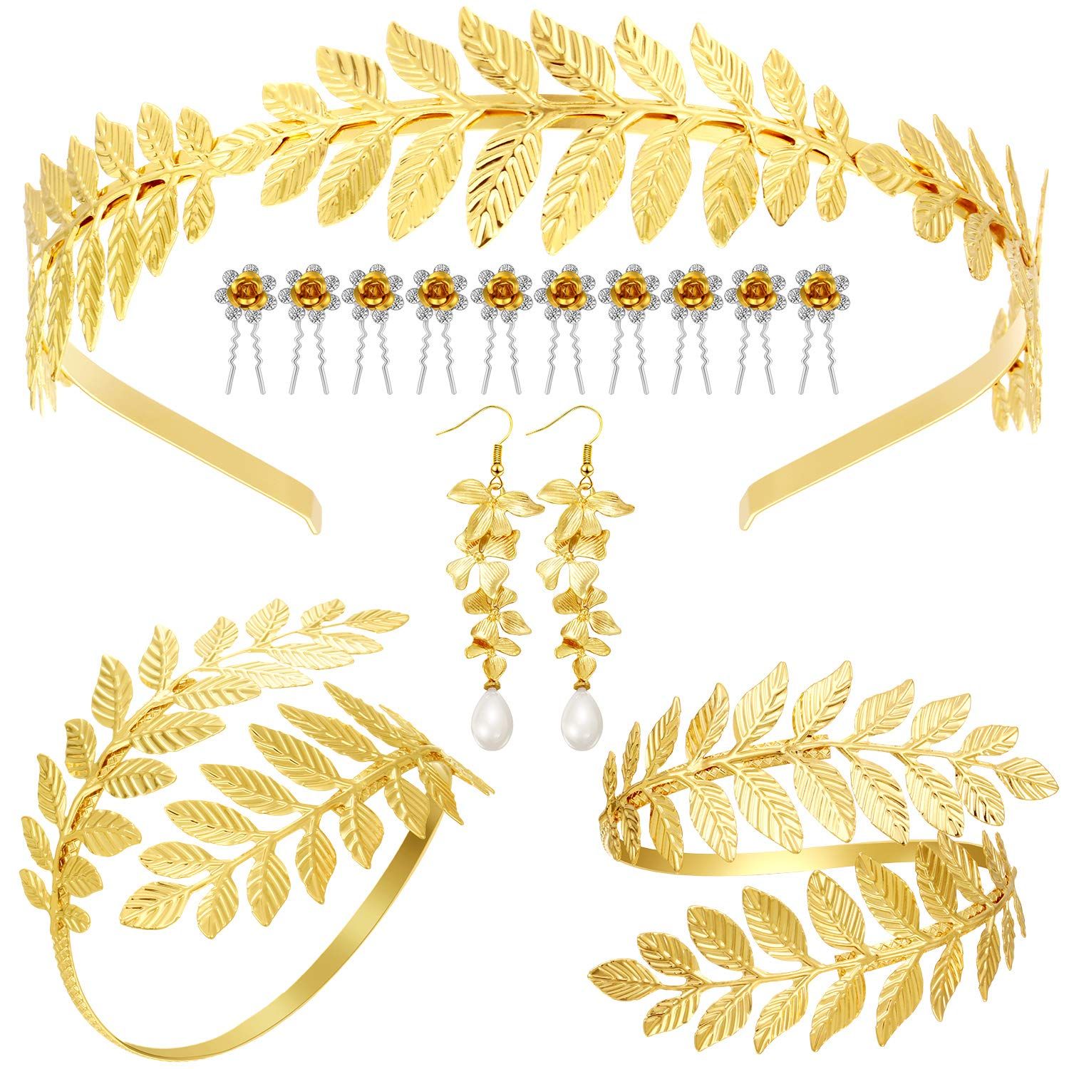 15 Pieces Greek Goddess Costume Bracelet, Golden Leaves Bridal Crown Headband, Pearl Earrings and Ha | Amazon (US)