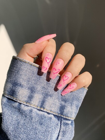 24pcs Heart & Star Print Fake Nail & 1sheet Tape & 1pc Nail File | SHEIN