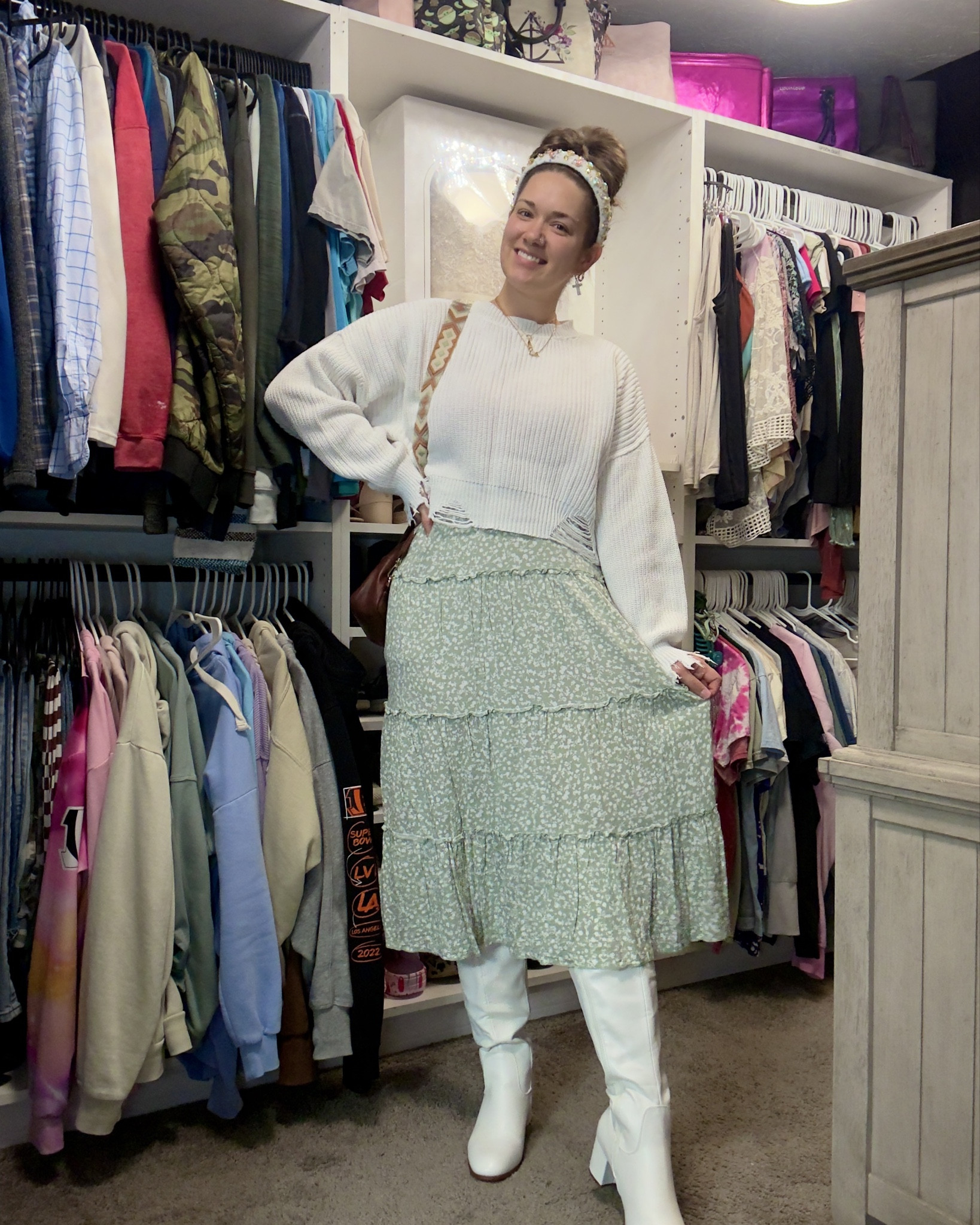 Knee high white leather boots!