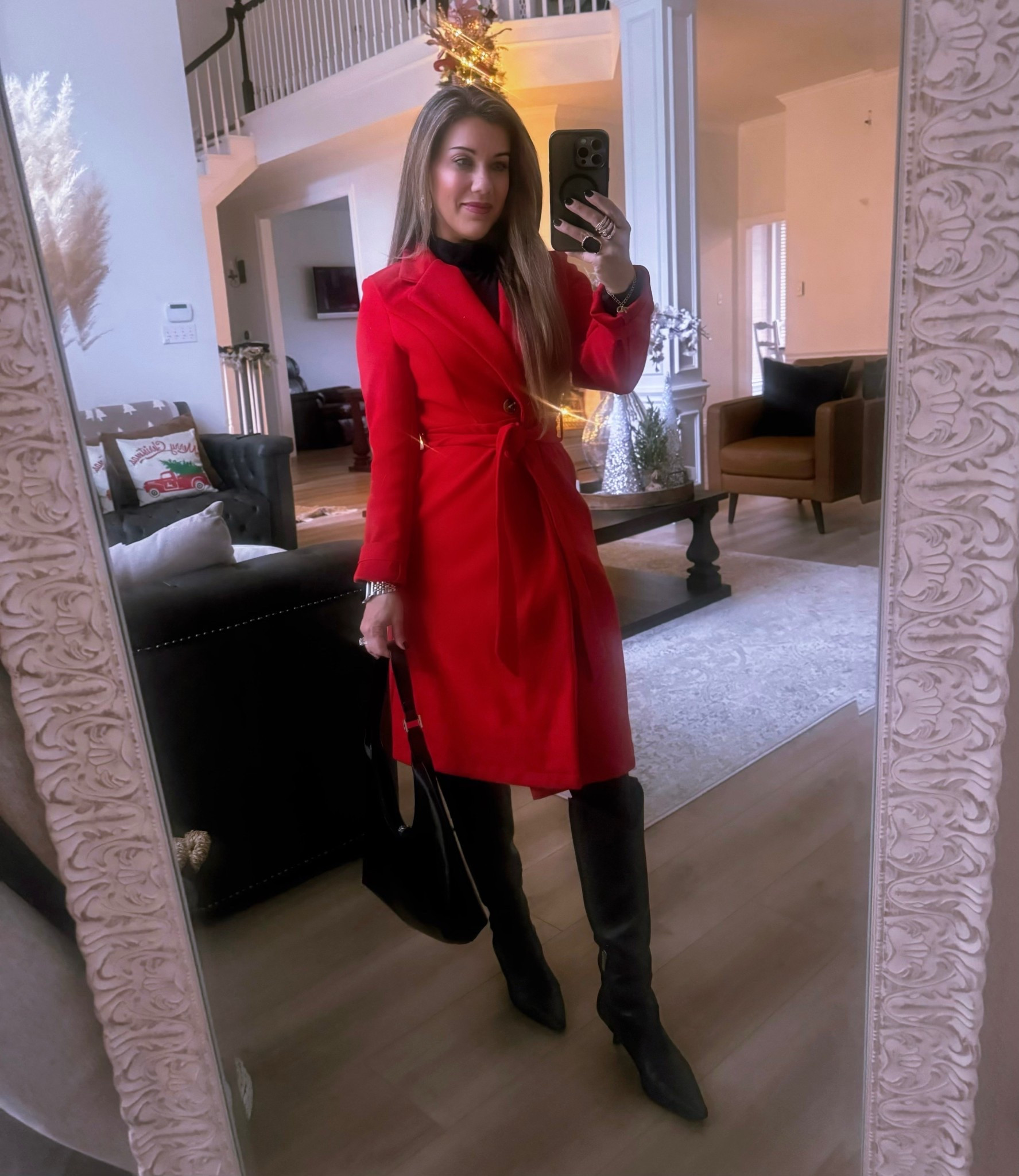 Cute Christmas party date night outfit.  Red blazer coat, spanx leggings, black bodysuit  

#LTKTravel #LTKGiftGuide #LTKHoliday