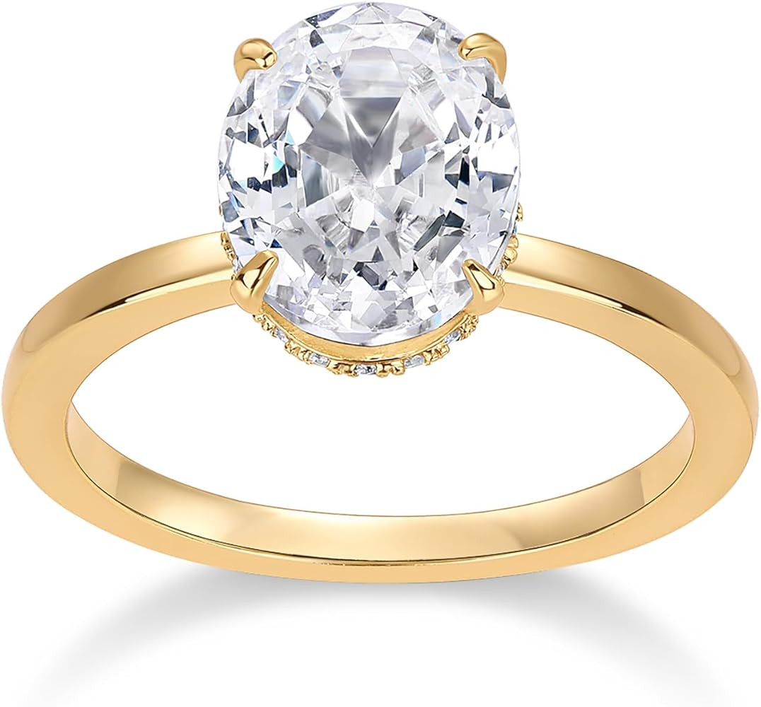 PAVOI 14K Gold Plated Oval Engagement Ring for Women - Hidden Halo 2.5CT Cubic Zirconia Promise R... | Amazon (US)