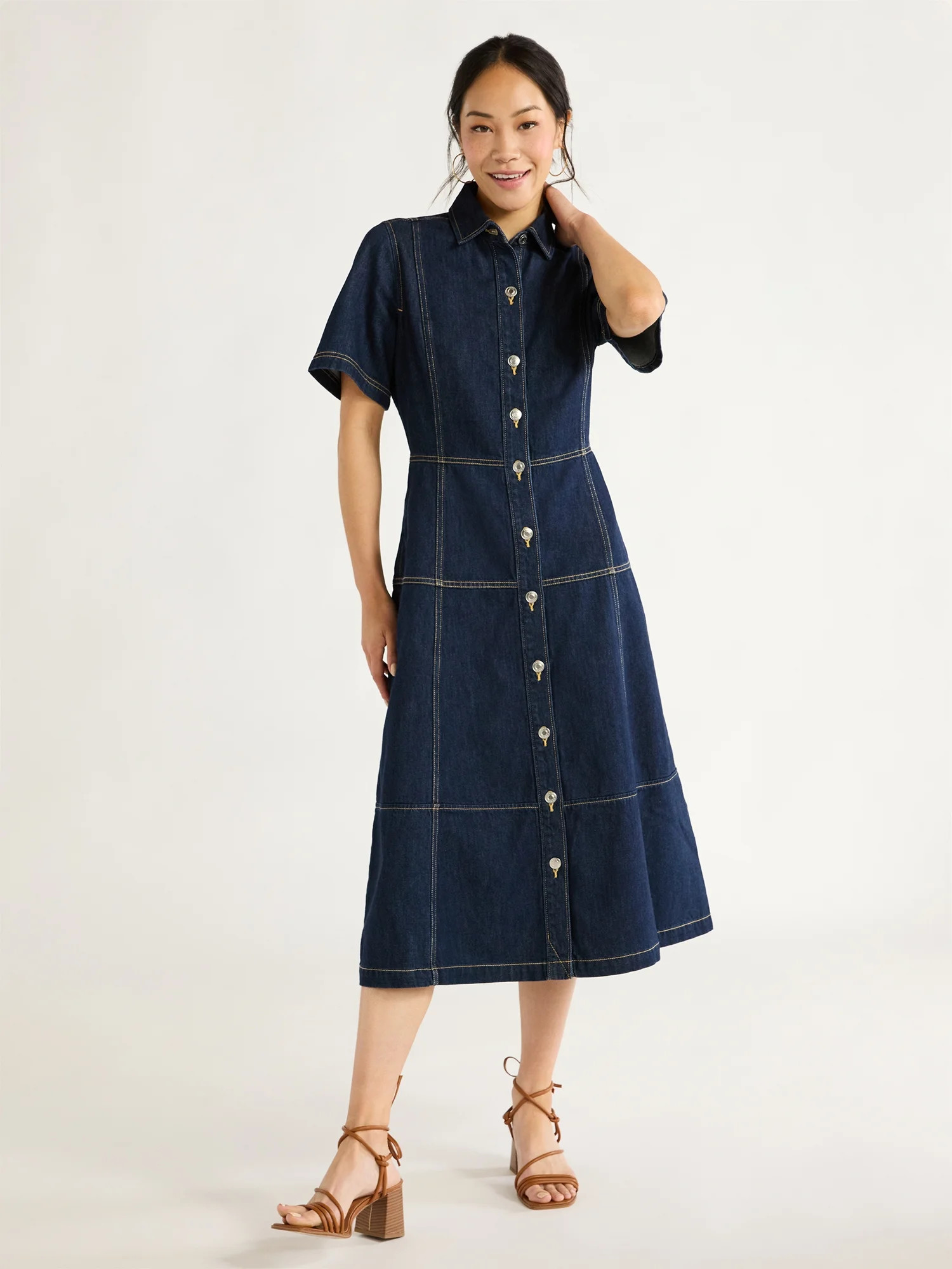 Free Assembly Women's Button Front Cotton Midi Dress with Short Sleeves, XS-XXL | Walmart (US)
