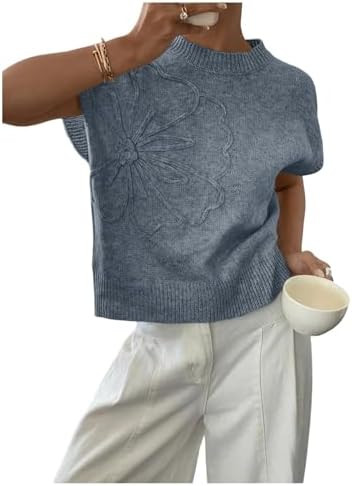 QJQ Women's Short Sleeve Sweater Vest 3D Flower Floral Decor Knit Crewnek Anthropologie Clothes T... | Amazon (US)