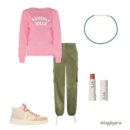 Pink Beverly Hills sweatshirt, green joggers, high top sneakers 

#LTKFind #LTKstyletip