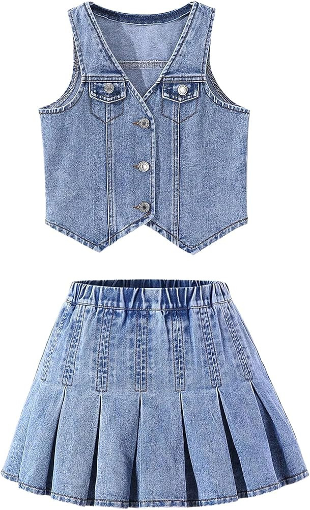 MakeMeChic Girl's 2 Piece Cowgirl Outfits Denim Vest and Mini Skirt Set | Amazon (US)