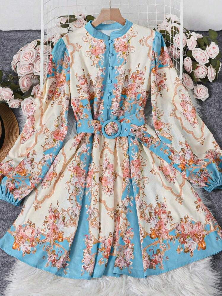 Spring And Summer High Quality Women's Retro Elegant Lace-Up Slim Mid-Length Dress Half-Collar Lantern Sleeve Bohemian Dress | SHEIN