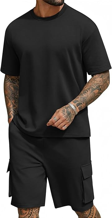 COOFANDY Men's Shirt and Shorts Set 2 Piece Fashion Summer Tracksuits Cotton Oversized T-Shirts C... | Amazon (US)