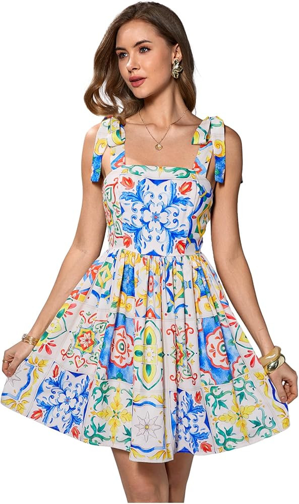 Floerns Women's Summer Floral Print Tie Shoulder Cami Dress Flare Hem Boho Mini Dress | Amazon (US)