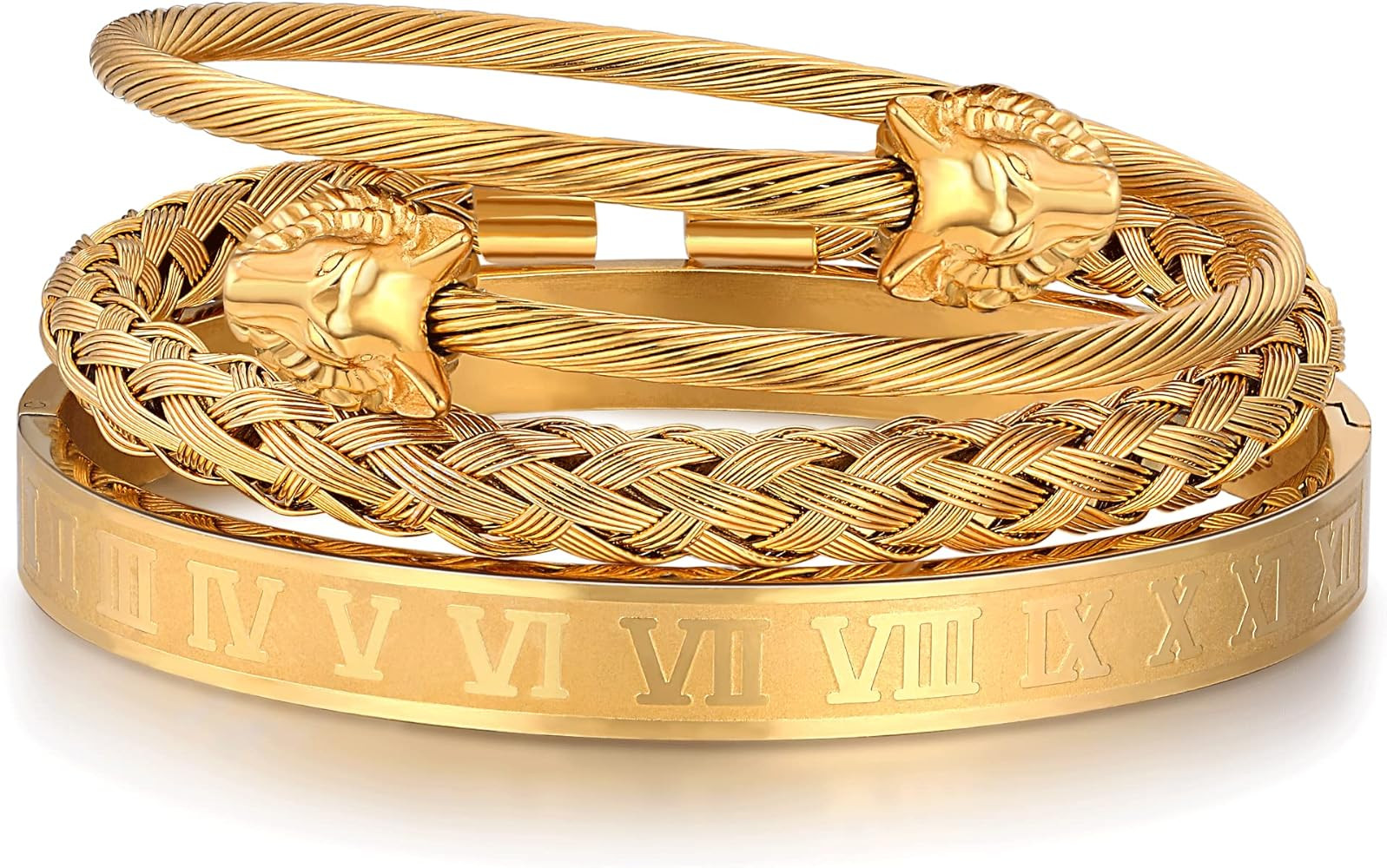 WFYOU 3PCS Stainless Steel Bracelets for Men Gold Roman Numeral Bangle Bracelet Twisted Cable Bra... | Amazon (US)