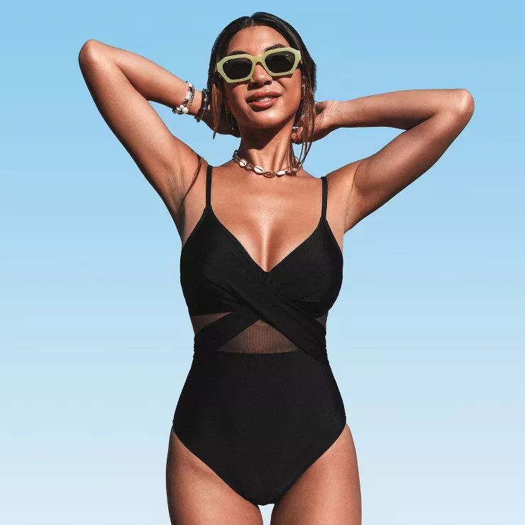 Women's V Neck One Piece Swimsuit Crisscross Mesh Mid Cut Bathing Suit-Cupshe | Target