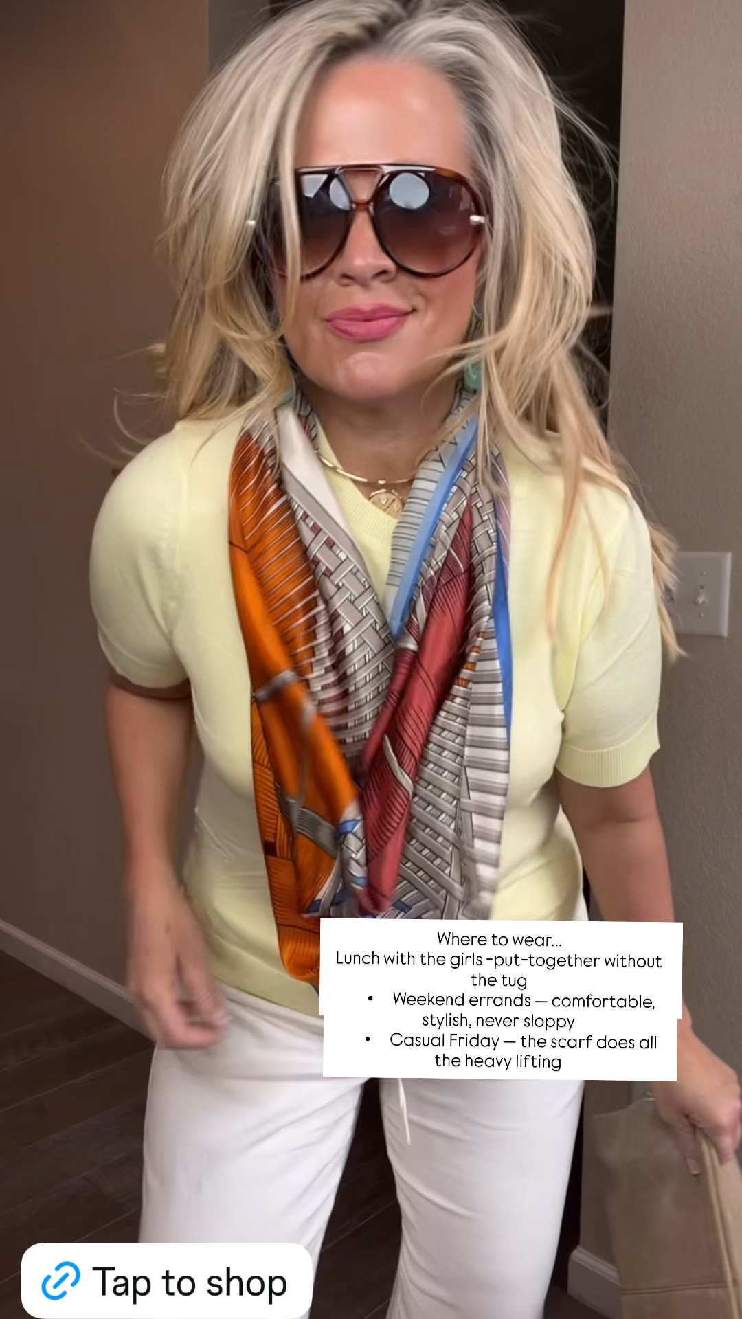  ✨Tap the bell, save and ❤️ for over 40 fashion, midlife style, midsize fashion and luxury looks for less. 

This outfit is proof that midlife style doesn’t have to be complicated. A soft yellow tee, white wide-leg trousers, a silk scarf, and you’re done. Three places you can wear this exact look:

A lunch out with your people. The scarf does the heavy lifting. You walk in looking intentional without having tried too hard. That’s the goal.

The airport. Wide legs are comfortable for travel and these look anything but sloppy. Throw on your oversized sunnies and you’ve got jet-set energy without sacrificing a single thing.

A Saturday morning — farmers market, outdoor brunch, wherever the weekend takes you. This palette was made for sunshine and easy mornings. You’ll look great and feel even better.

Simple. Effortless. Completely wearable. That’s what dressing well in midlife actually looks like.​​​​​​​​​​​​​​​​

⬇️Sizing information:
Large top and large pants (size up if in between sizes.)

Follow my LTK @Over40andmidlife on the @shop.LTK app to view this post and get my exclusive app-only content!

#liketkit #LTKMidsize #LTKOver40 #LTKPlusSize
@shop.ltk
https://liketk.it/63zfv