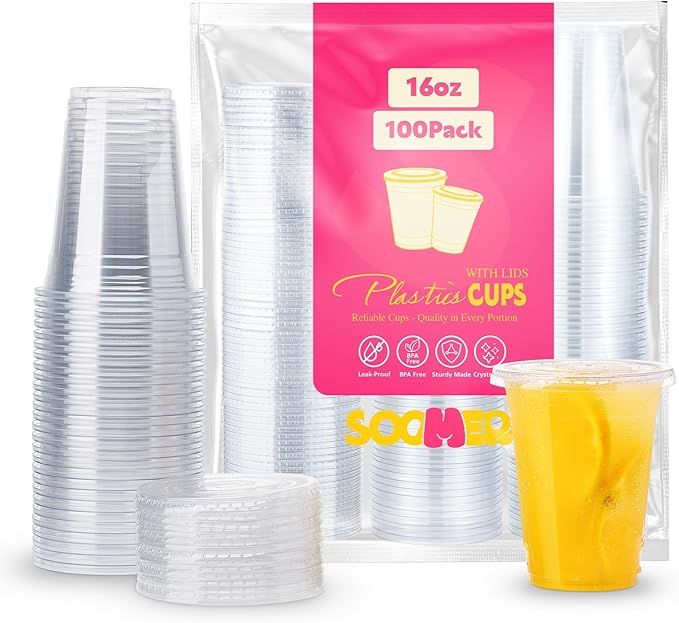 [100 Sets 16 oz Clear Plastic Cups with Flat Lids, Disposable Cups for Iced Coffee, Juice, Shakes... | Amazon (US)
