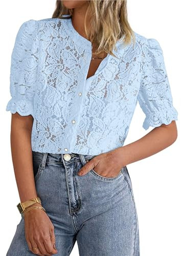 PRETTYGARDEN Womens 2026 Spring Lace Tops Short Puff Sleeve Casual Dressy Blouses Eyelet Crew Neck Button Down Shirts (Light Blue,Small) | Amazon (US)