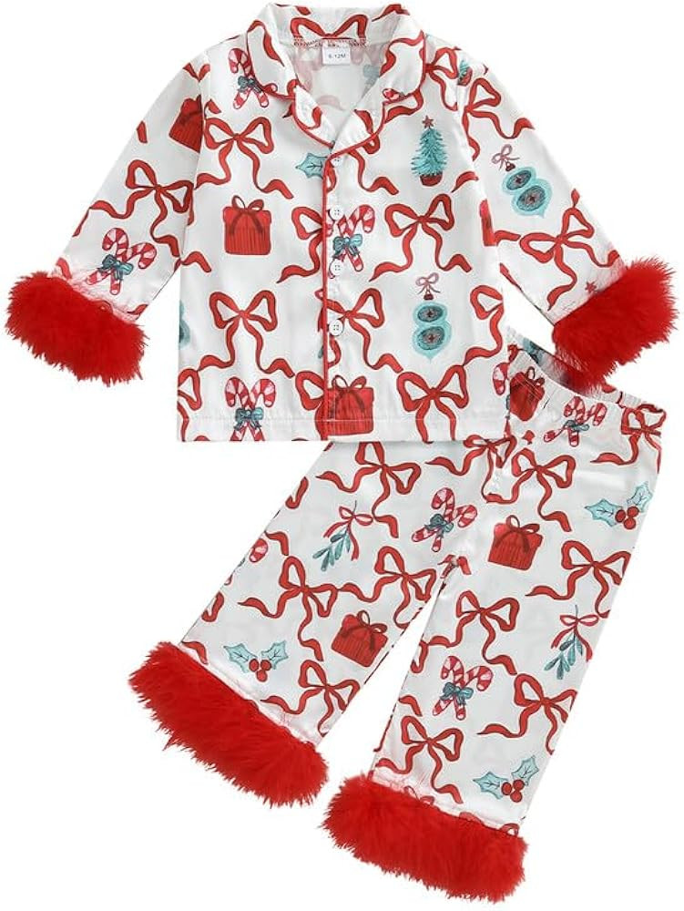 FULA-bao Baby Girls Boys Silk Christmas Pajamas Set Santa Claus Bows Satin Pj Sets Long Sleeve Bu... | Amazon (US)