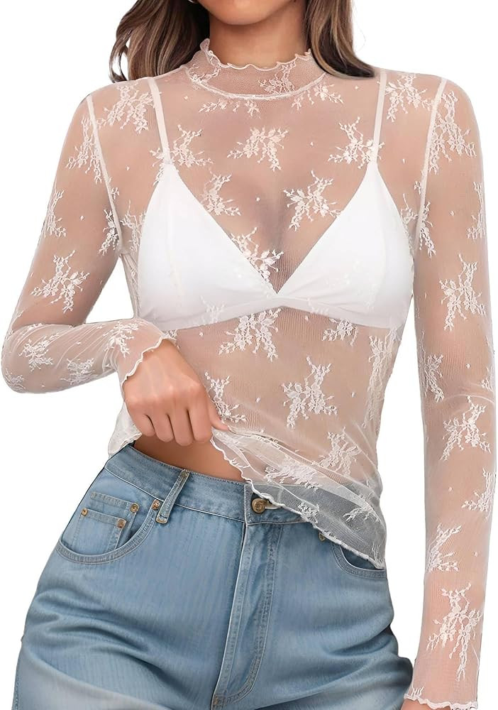 OFEEFAN Womens Long Sleeve Mesh Top See Through Mock Neck Sheer Blouses | Amazon (US)