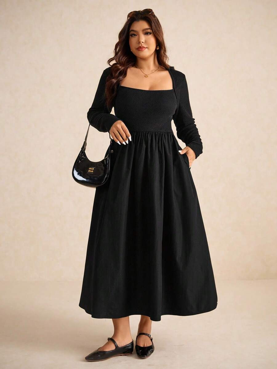 Elaquor Plus Size Women's Casual Minimalist All-Match Versatile Square Neck Knit Patchwork Black ... | SHEIN