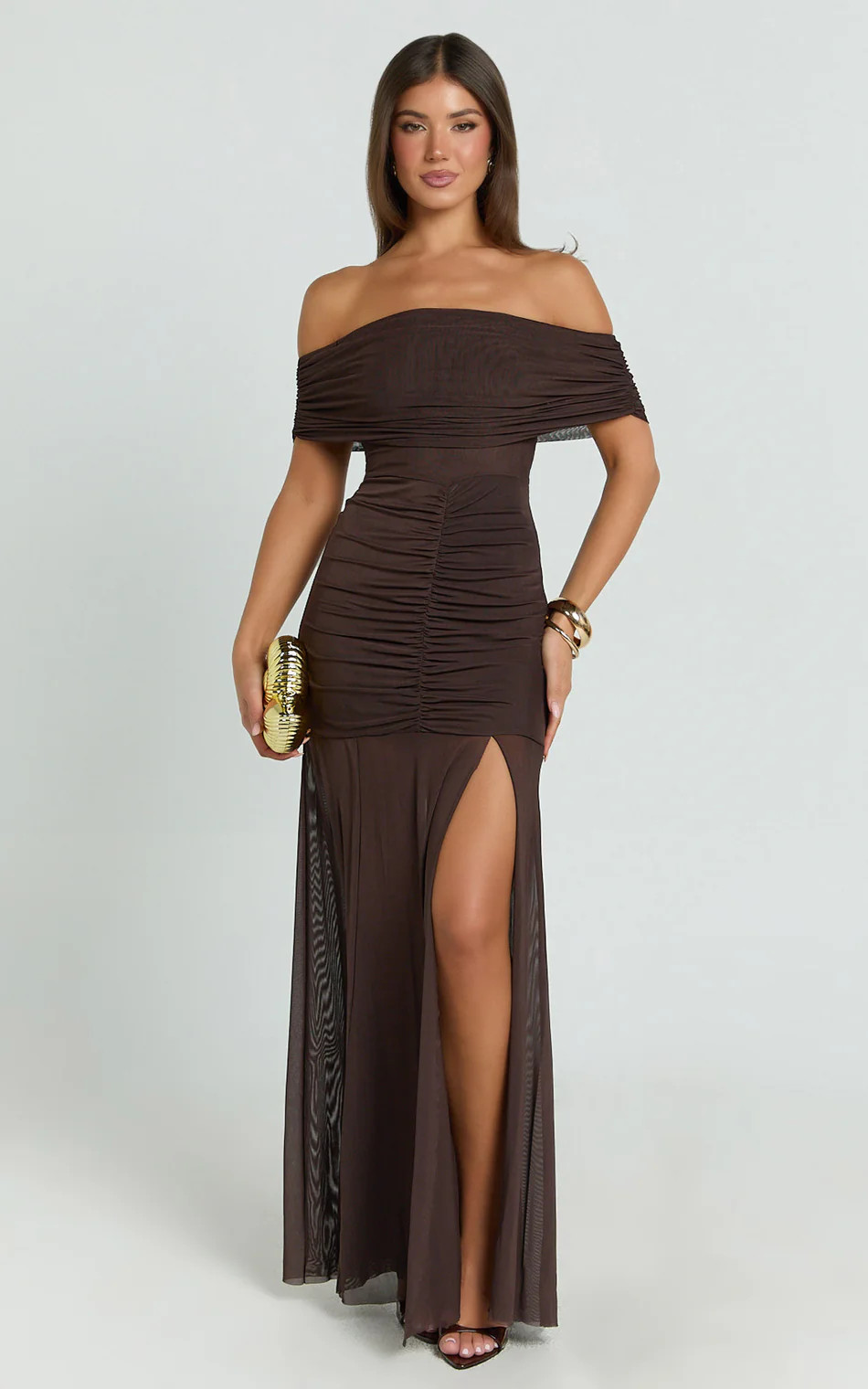 Off Shoulder Ruched Mesh Dress in Chocolate | Showpo (US, UK & Europe)